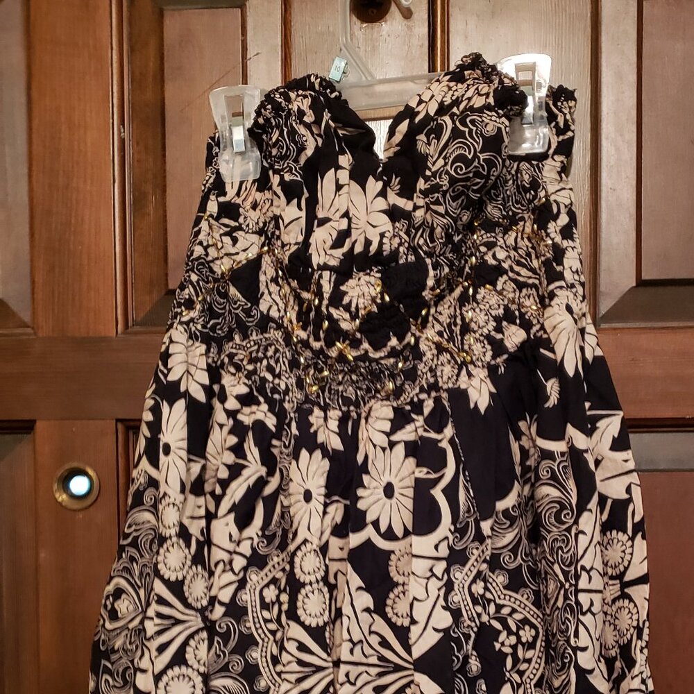 Ladies' sz. M Nolita black/tan sundress; pre-owned; halter neck; smocked/beaded